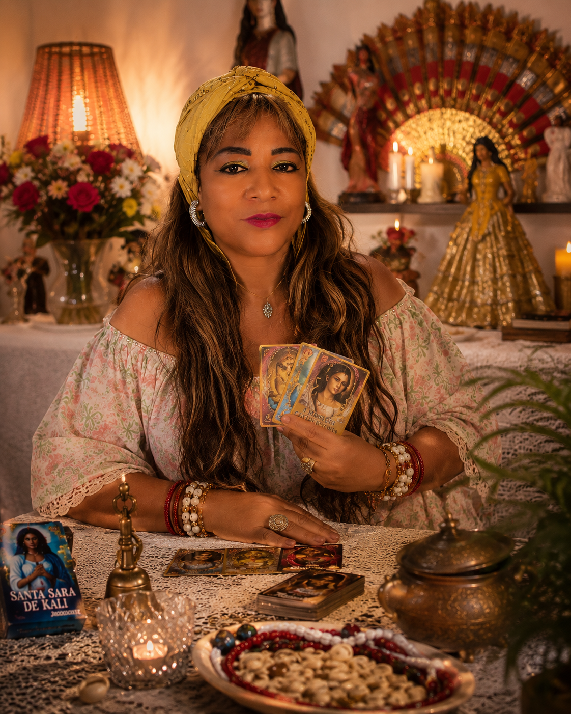 Sacerdotisa segurando cartas ciganas diante de um altar iluminado por velas